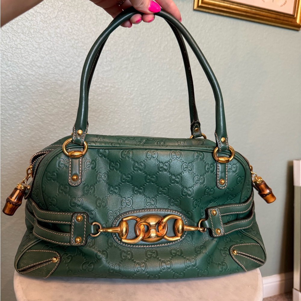 Gucci Dark Green Guccissima Leather Shoulder Bag with Gold Hardware